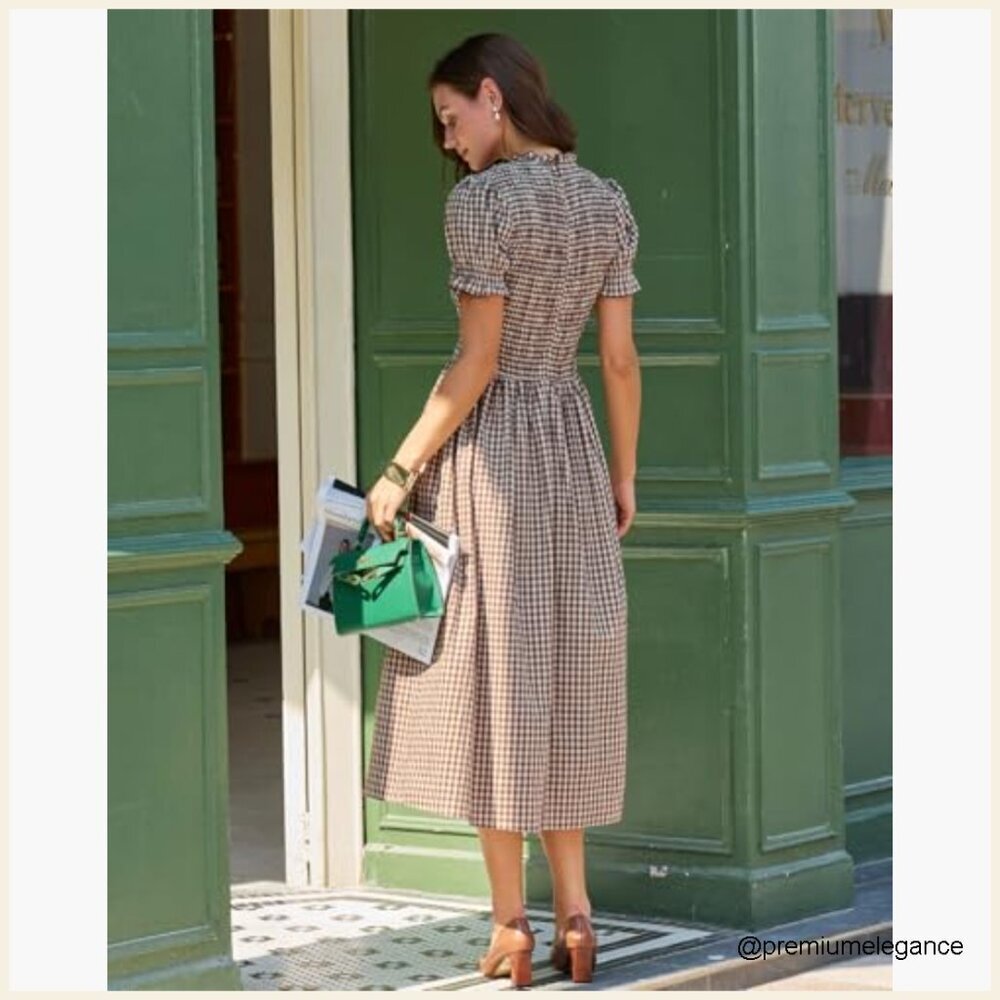 Women's Cotton Smocked Midi Dress with Puff Sleeves, Flowy A-Line - Picture 4 of 7